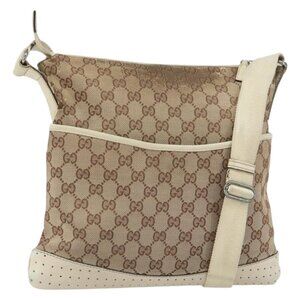 Authentic GUCCI GG Canvas Shoulder Bag Beige Silver 145857